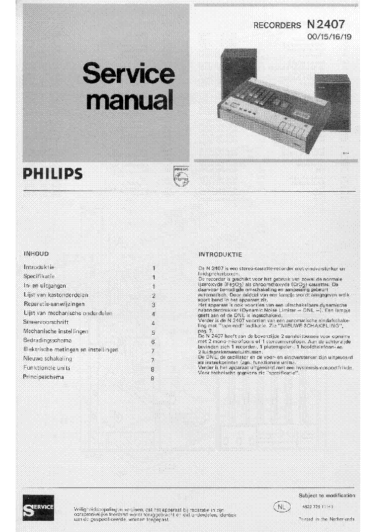 PHILIPS N2407 STEREO CASSETTE RECORDER AMPLIFIER 1981 HOLLAND SM service manual (1st page)