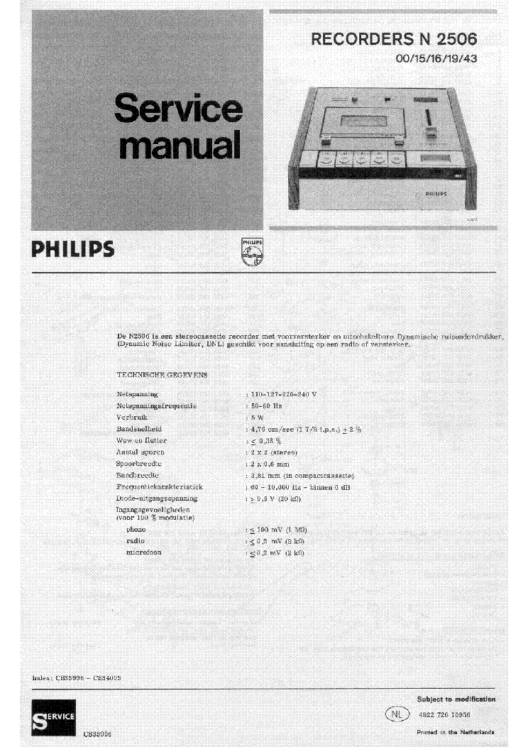 PHILIPS N2506 SERIES STEREO CASSTETTE RECORDER SM service manual (1st page)