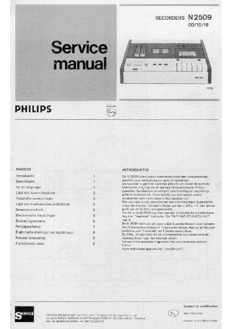 PHILIPS N2509 SERIES STEREO CASSTETTE RECORDER SM service manual (1st page)