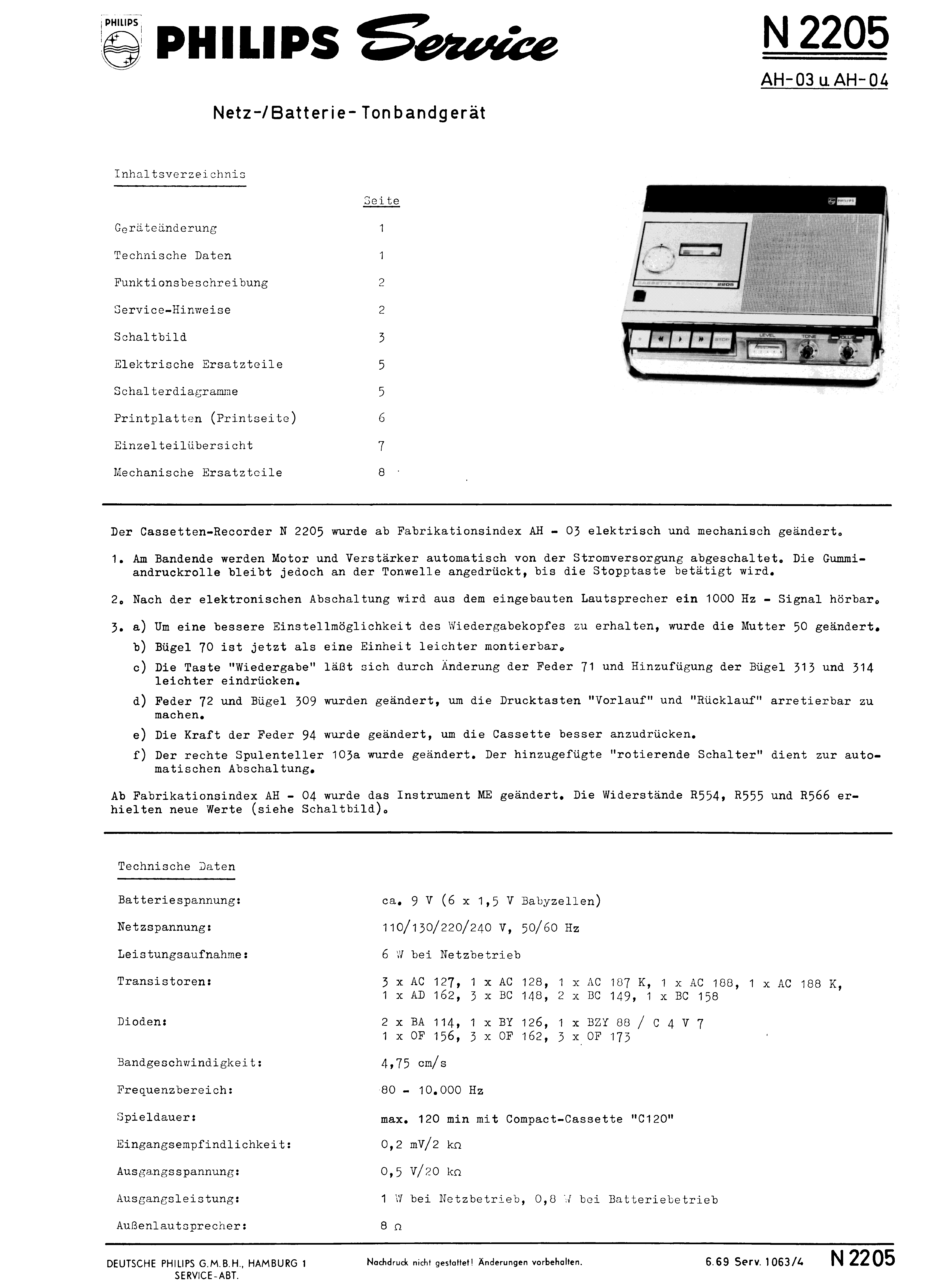 PHILIPS NETZ - BATTERIE - TONBANDGERAET N 2205 SM service manual (1st page)