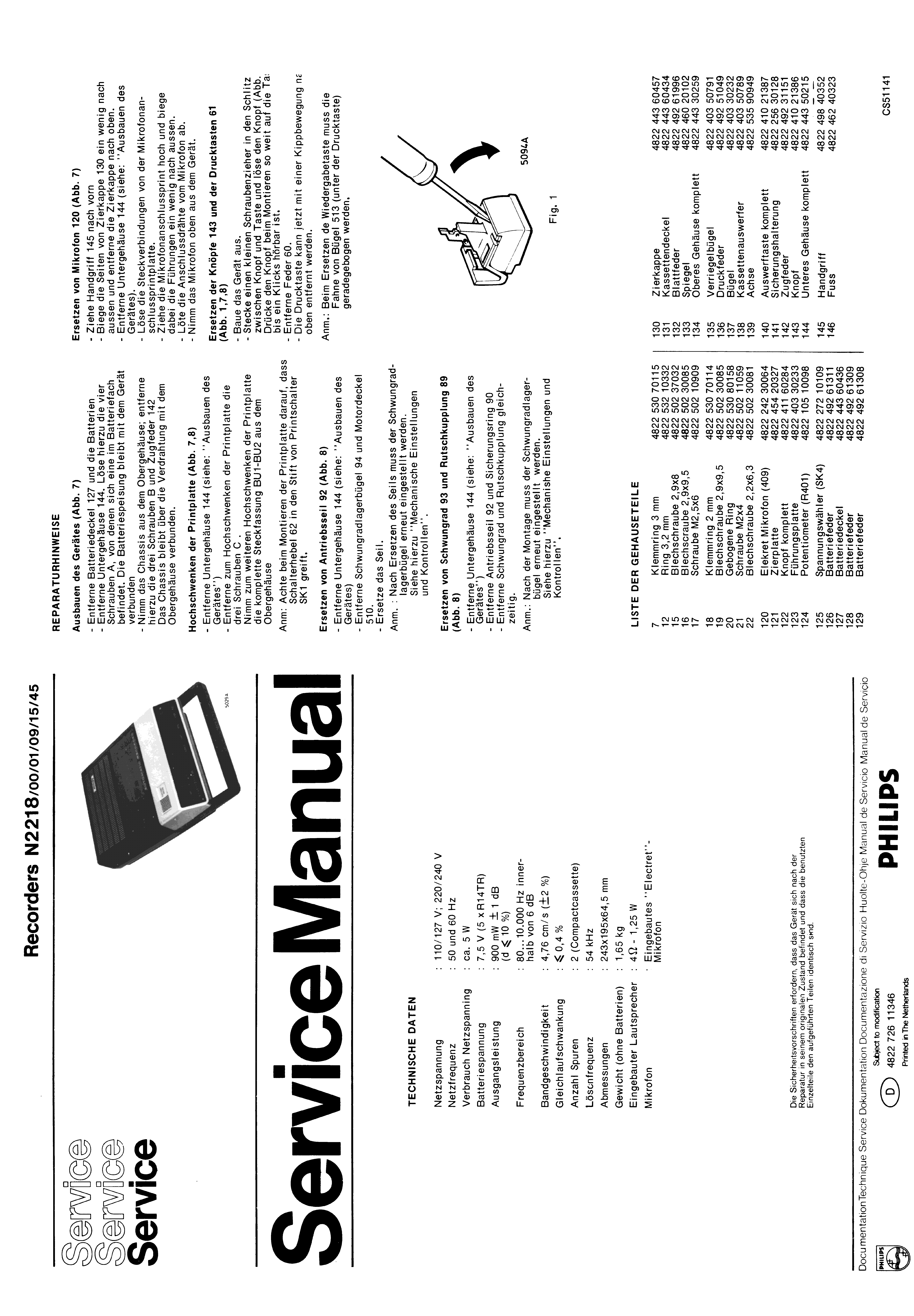 PHILIPS RECORDERS N2218 SM service manual (1st page)