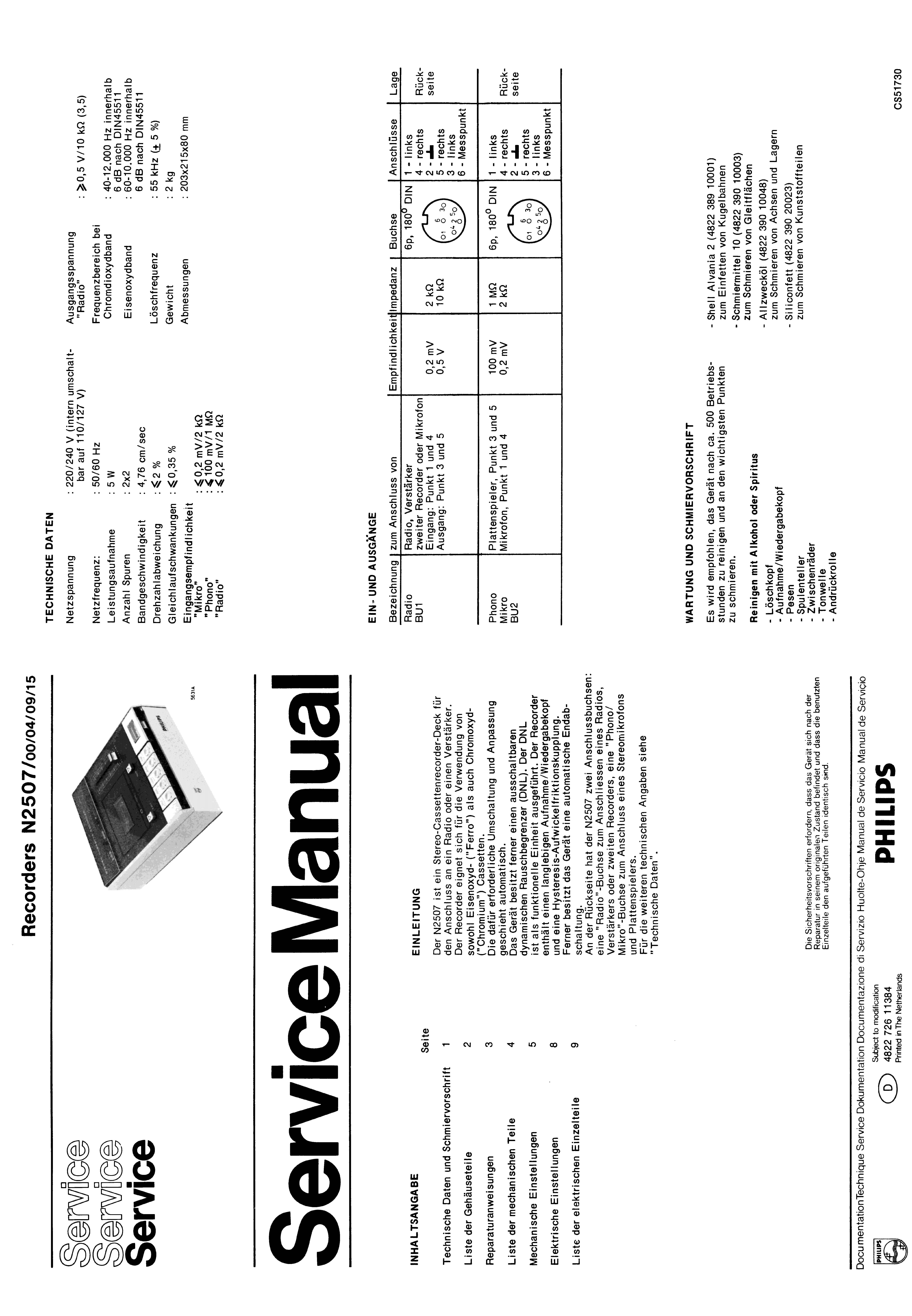 PHILIPS RECORDERS N2507 SM service manual (1st page)