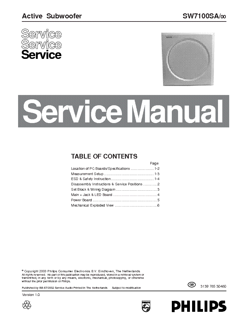 PHILIPS SW7100SA-SUB service manual (1st page)