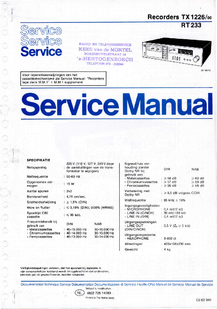 PHILIPS TX1226 RT233 SM ERRES service manual (1st page)