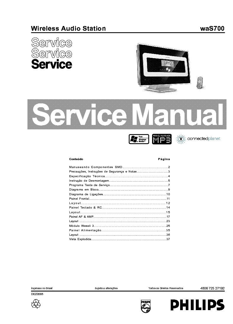 PHILIPS WAS700 480672527192 WIRELESS AUDIO STATION SM service manual (1st page)