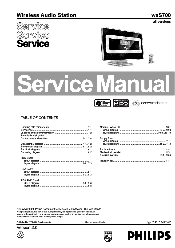 PHILIPS WAS700 VER-2.0 service manual (1st page)