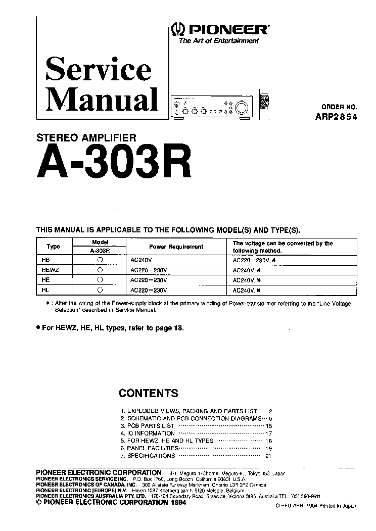 PIONEER A-303R ARP2854 service manual (1st page)