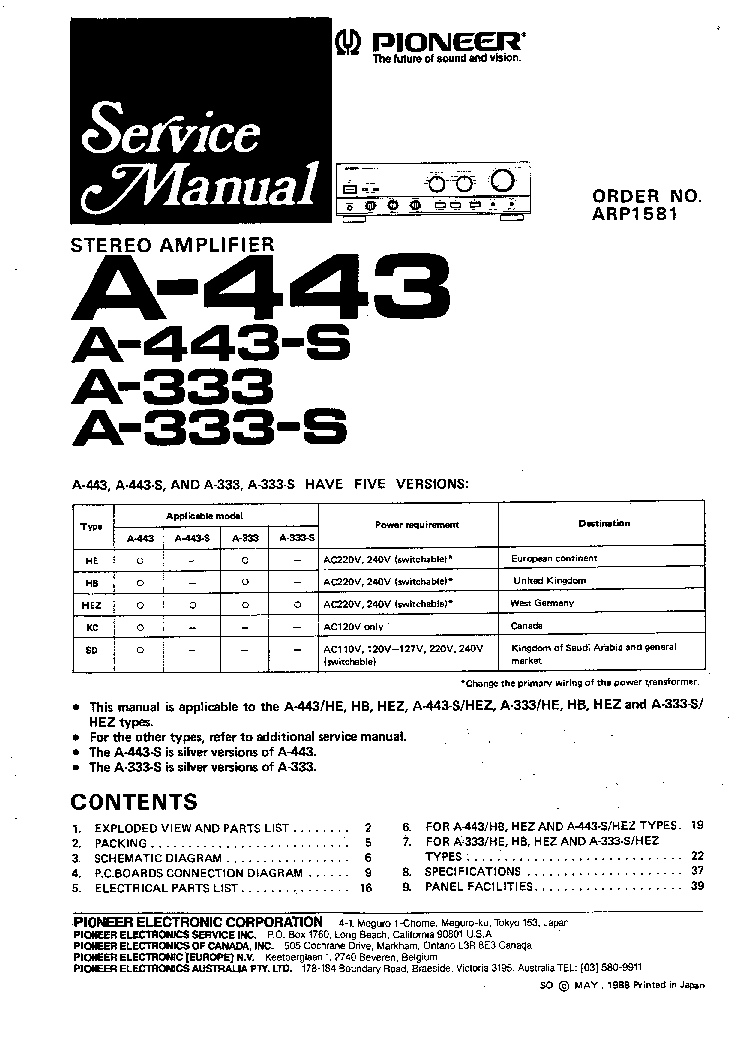 PIONEER A-333 A-443 SM service manual (1st page)