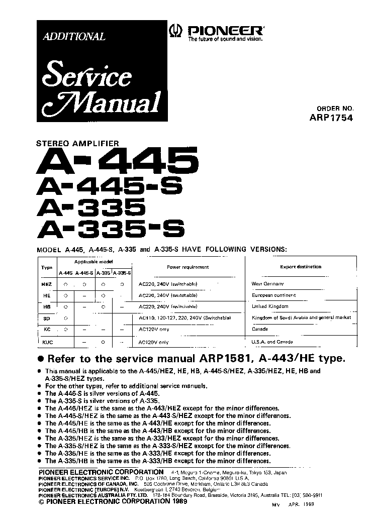 PIONEER A-335 A-445 service manual (1st page)
