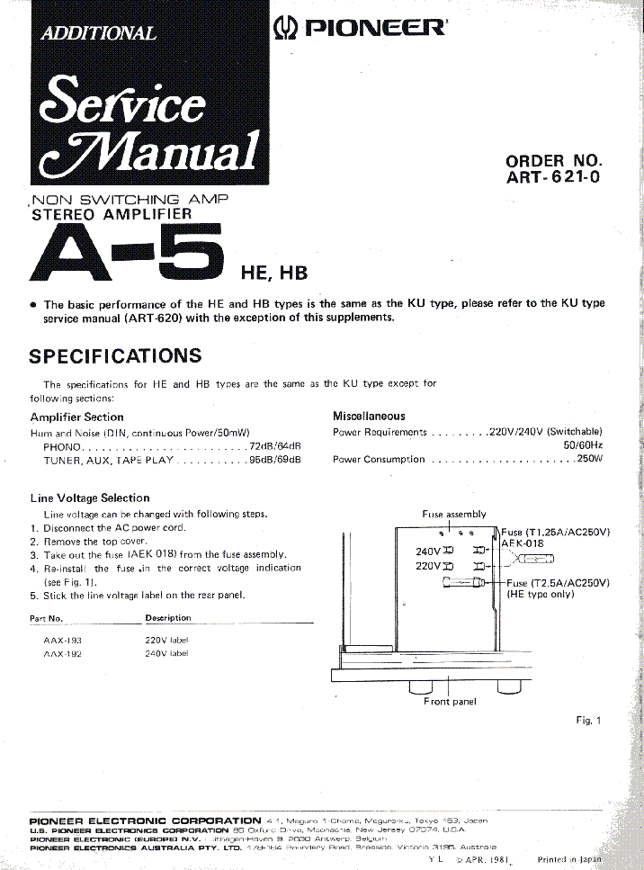 PIONEER A-5 service manual (1st page)
