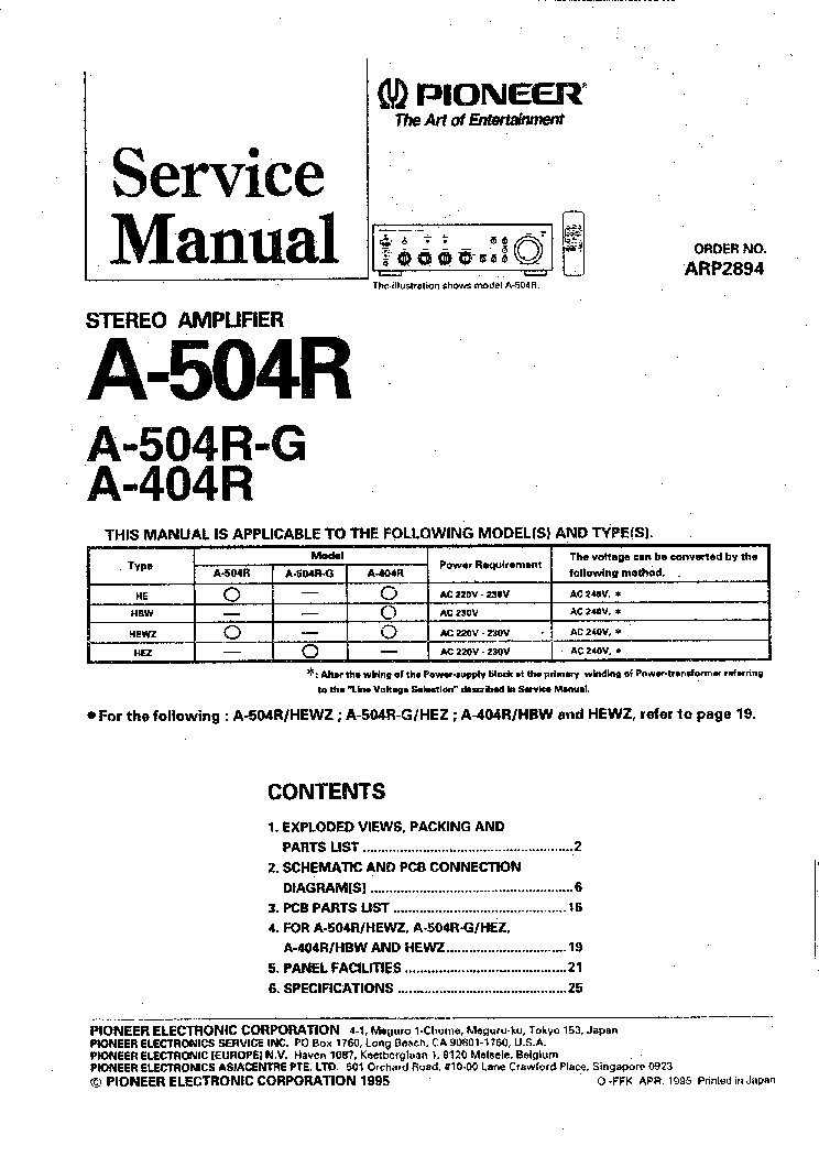 PIONEER A-504R A-504R-G A-404R ARP2894 service manual (1st page)