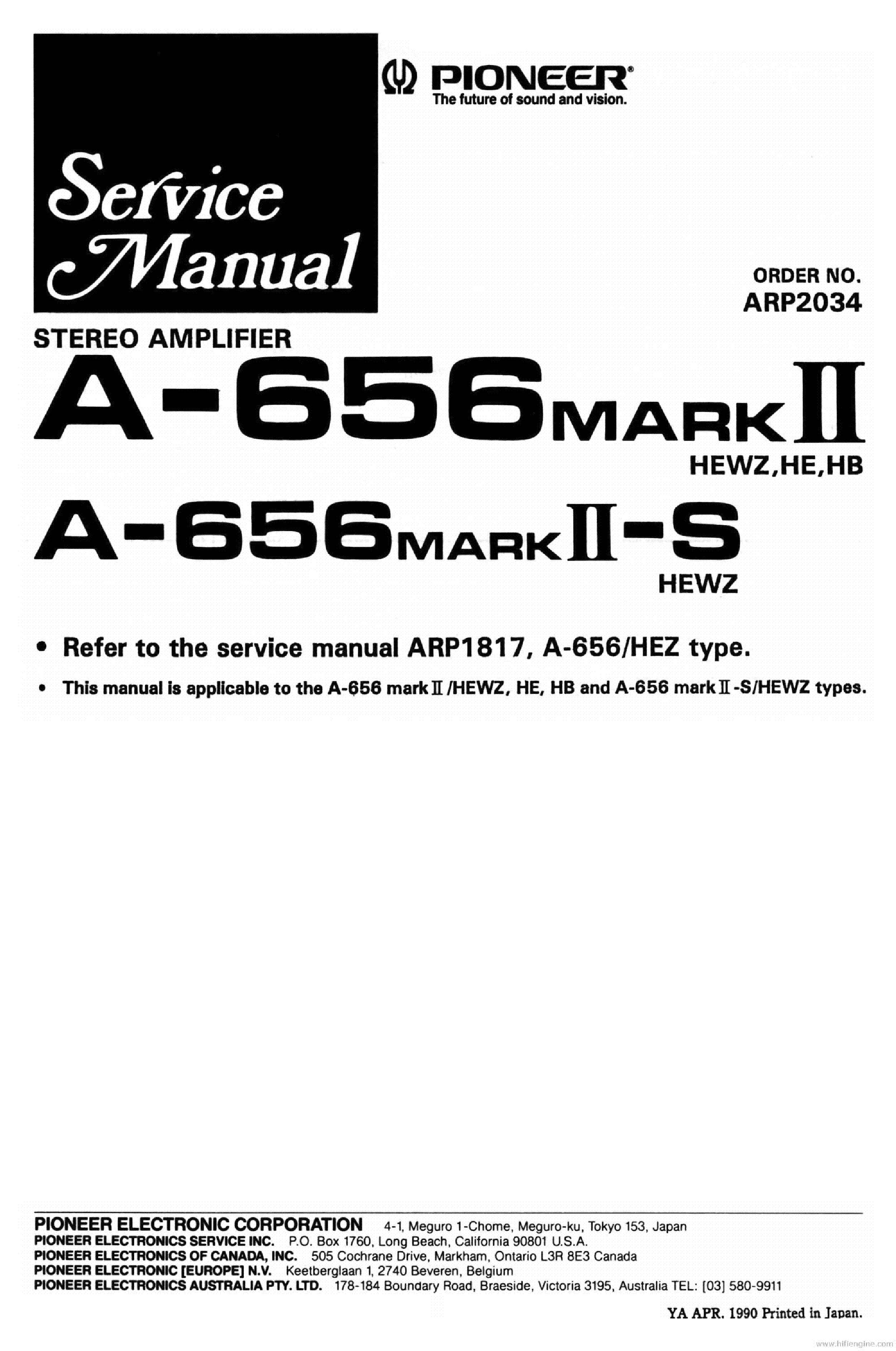 PIONEER A-656 MKII-S STEREO AMPLIFIER 1990 SM service manual (1st page)