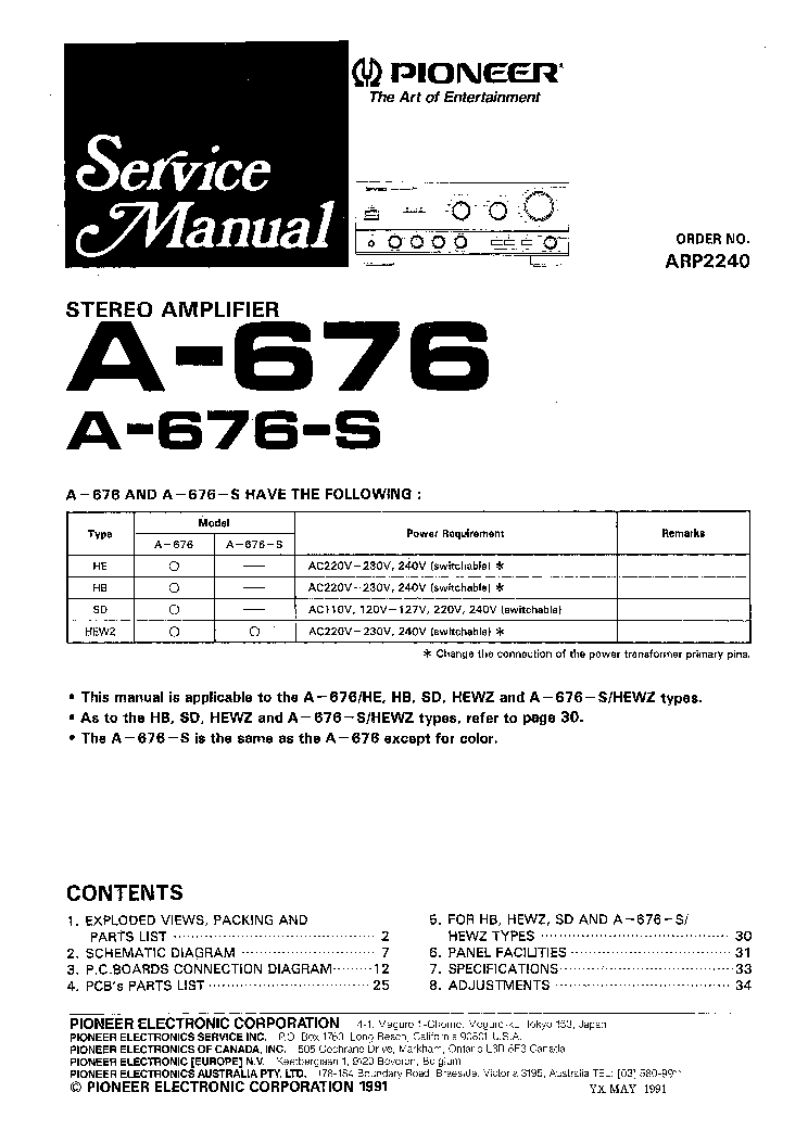 PIONEER A-676 A-676-S ARP2240 service manual (1st page)