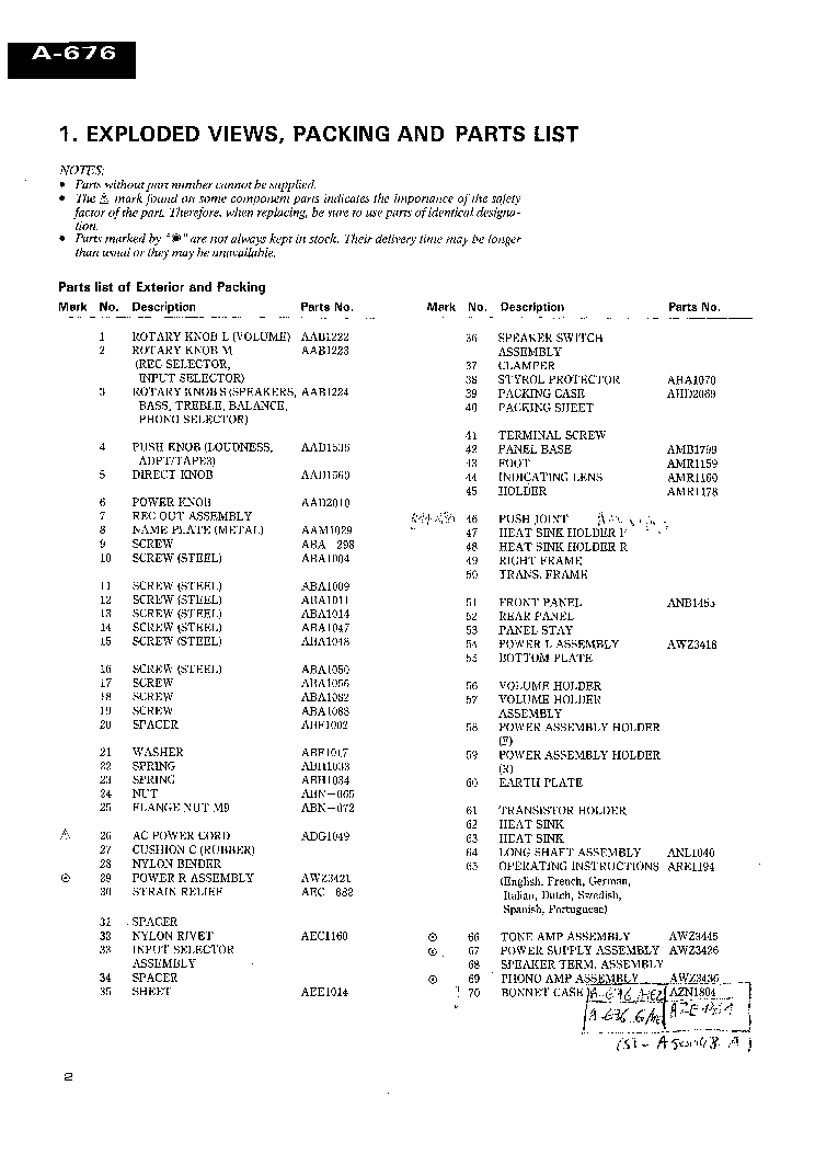 PIONEER A-676 A-676-S ARP2240 service manual (2nd page)
