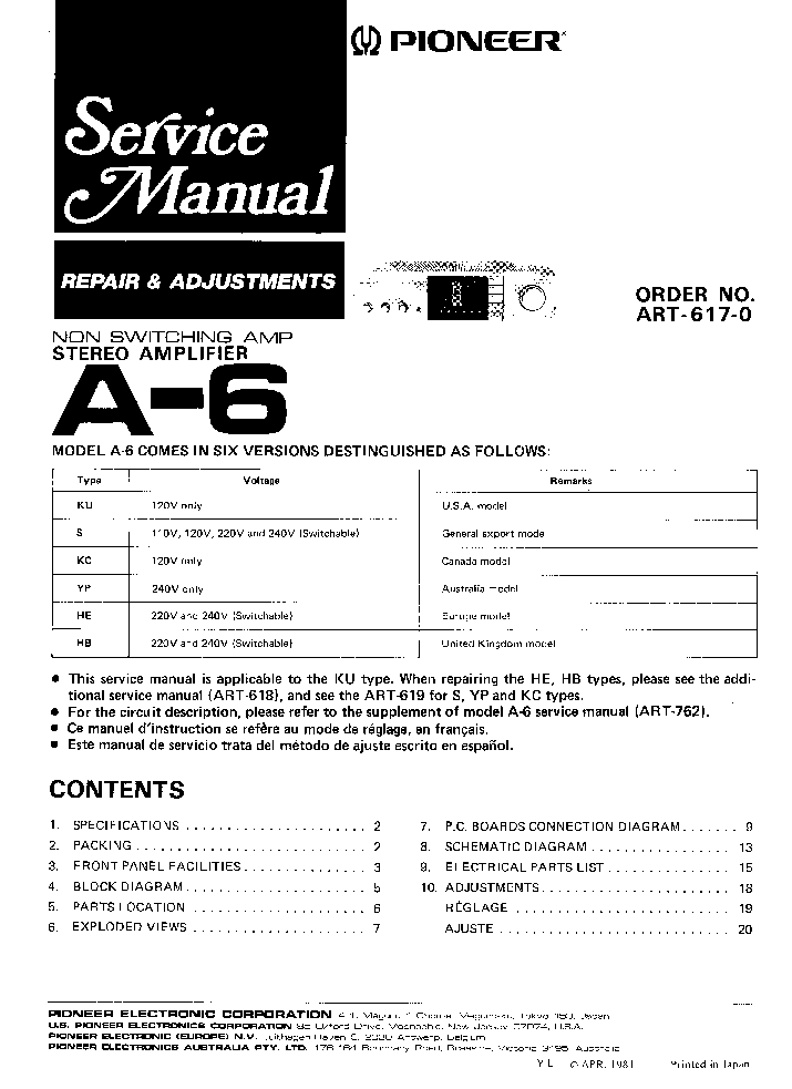 PIONEER A-6 STEREO AMPLIFIER service manual (1st page)