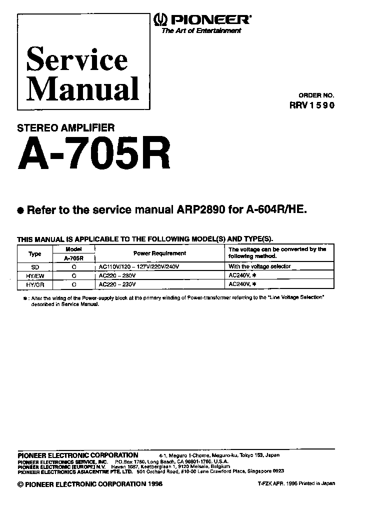 PIONEER A-705R RRV1590 service manual (1st page)