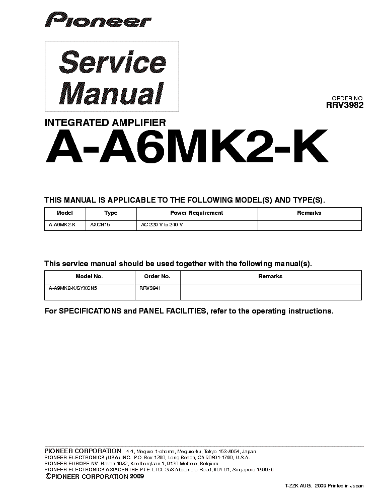 PIONEER A-A6MK2-K RRV3982 PARTS service manual (1st page)