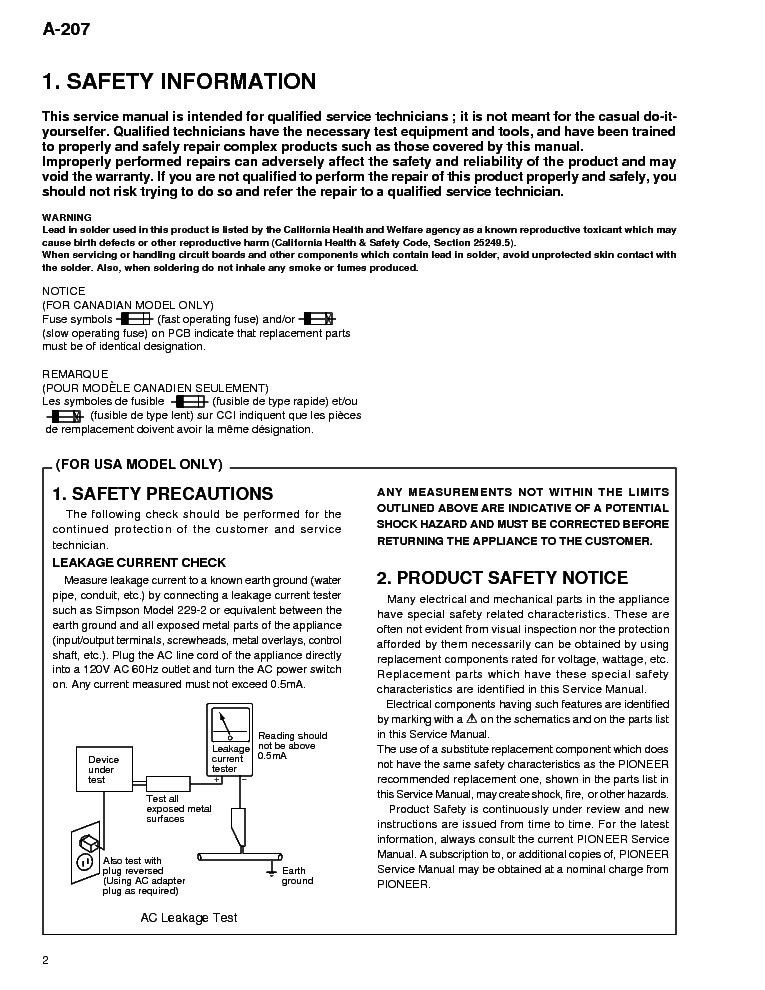 PIONEER A207 service manual (2nd page)