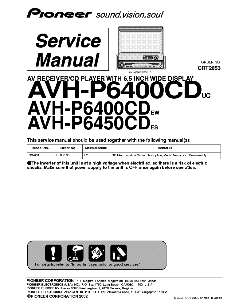 PIONEER AVH-P6400CD P6450 CRT2853 service manual (1st page)