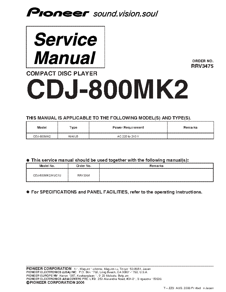 PIONEER CDJ-800MK2 RRV3475 PARTS INFO service manual (1st page)