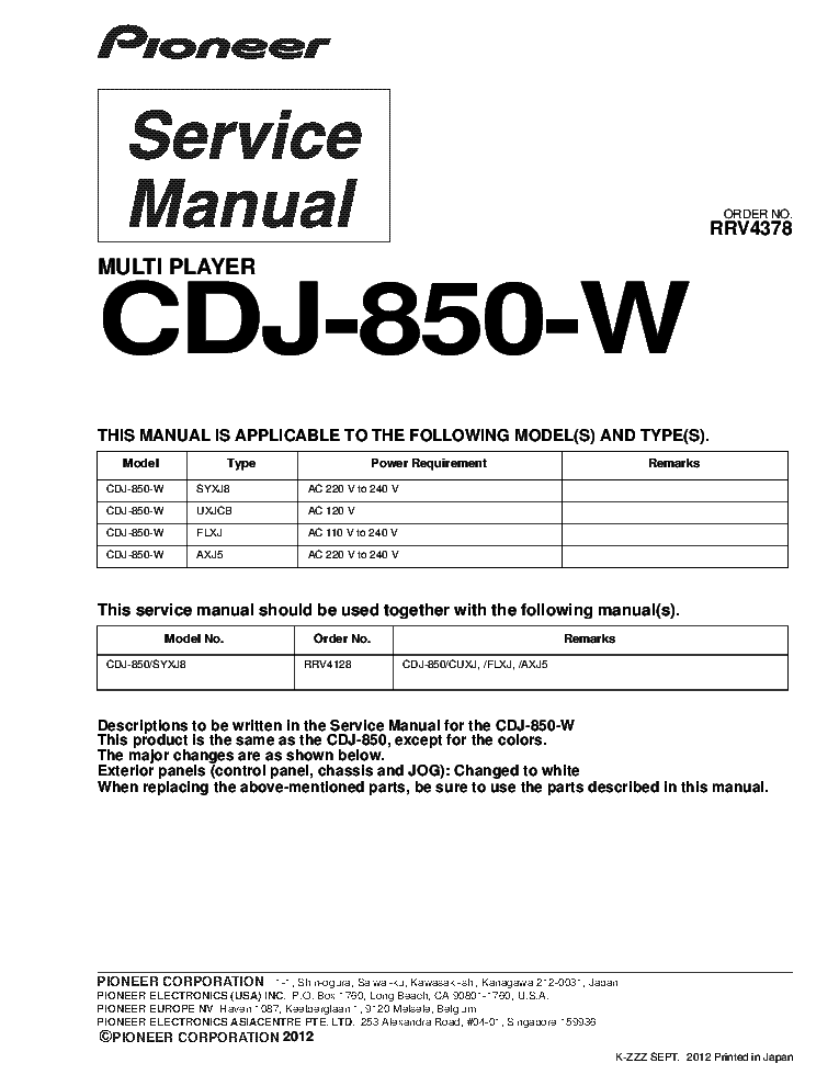 PIONEER CDJ-850-W RRV4378 SM-ADDITIONAL service manual (1st page)