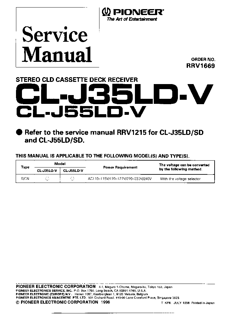 PIONEER CL-J35LD-V J55LD-V SM INCOMPLETE service manual (1st page)