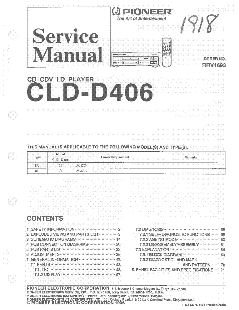 PIONEER CLD-D406 RRV1693 SERVICE MANUAL service manual (1st page)