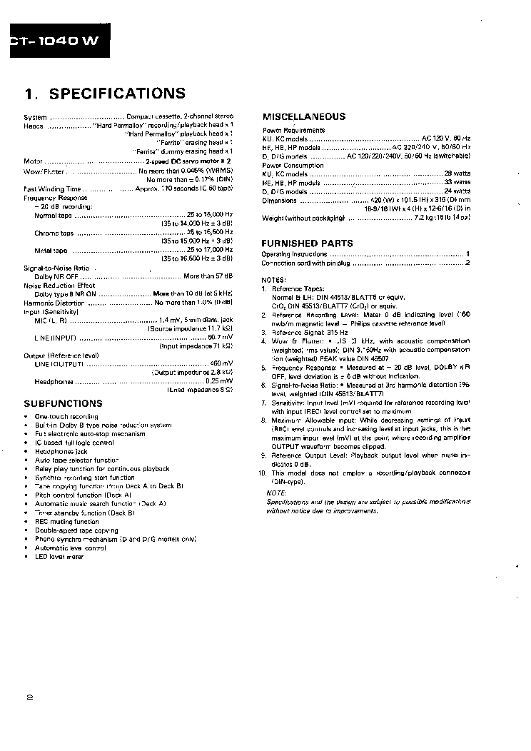 PIONEER CT-1040W service manual (2nd page)