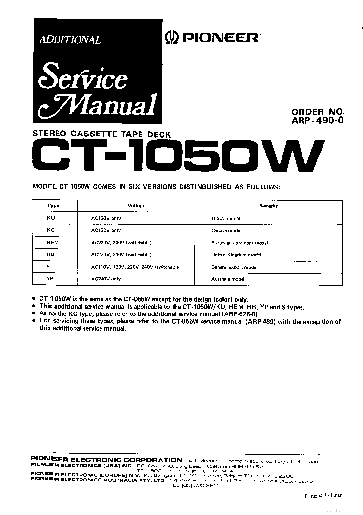 PIONEER CT-1050W ARP490-0 SM service manual (1st page)