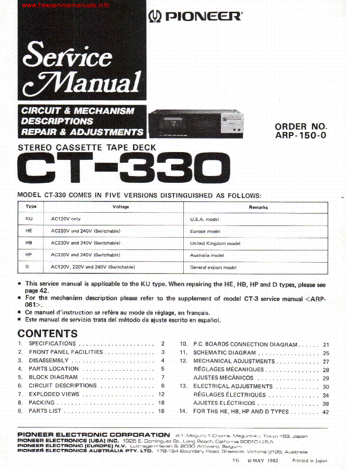 PIONEER CT-330 ARP1500 service manual (1st page)