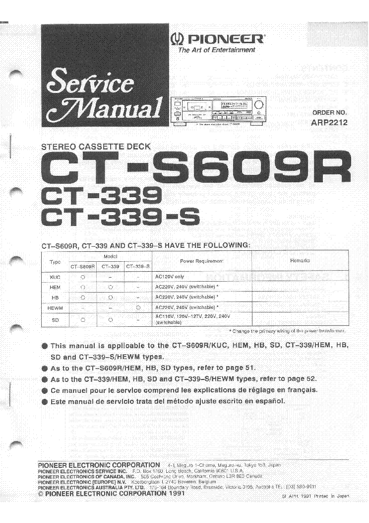 PIONEER CT-339 339-S S609R service manual (1st page)