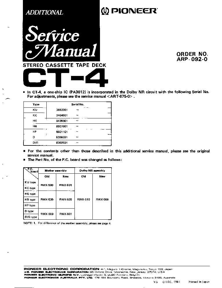 PIONEER CT-4 service manual (1st page)