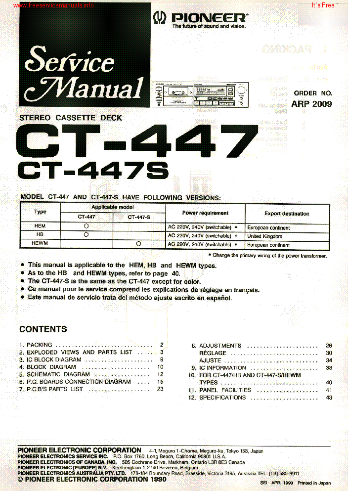 PIONEER CT-447 CT-447S ARP2009 service manual (1st page)