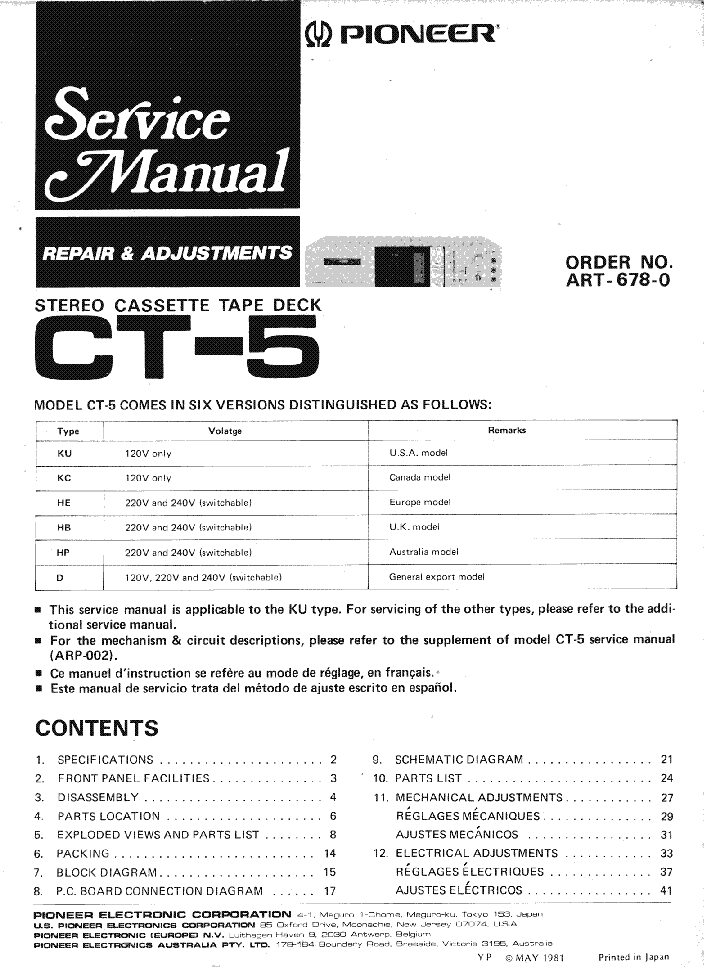 PIONEER CT-5 SCH service manual (1st page)