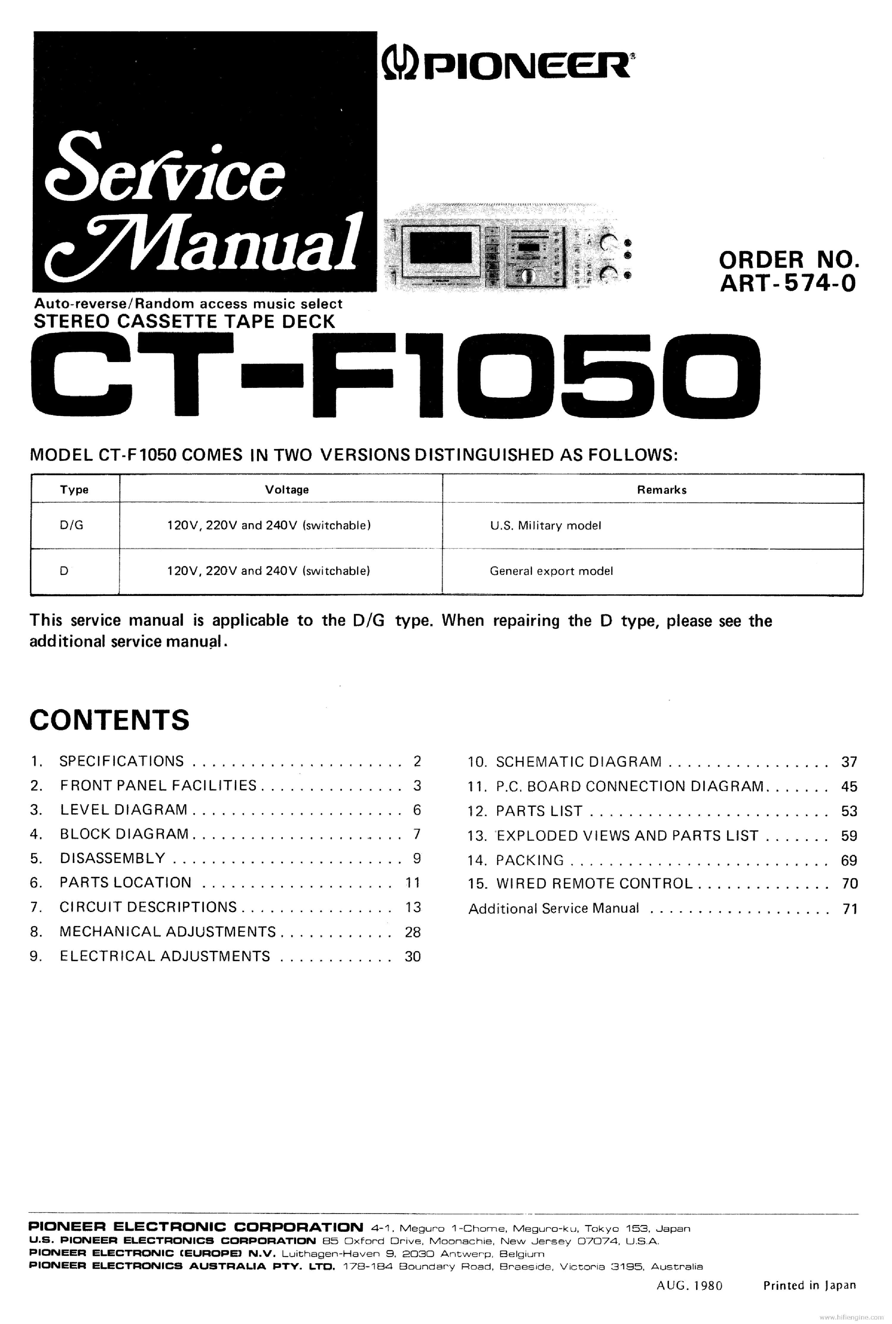PIONEER CT-F1050 ART5740 service manual (1st page)