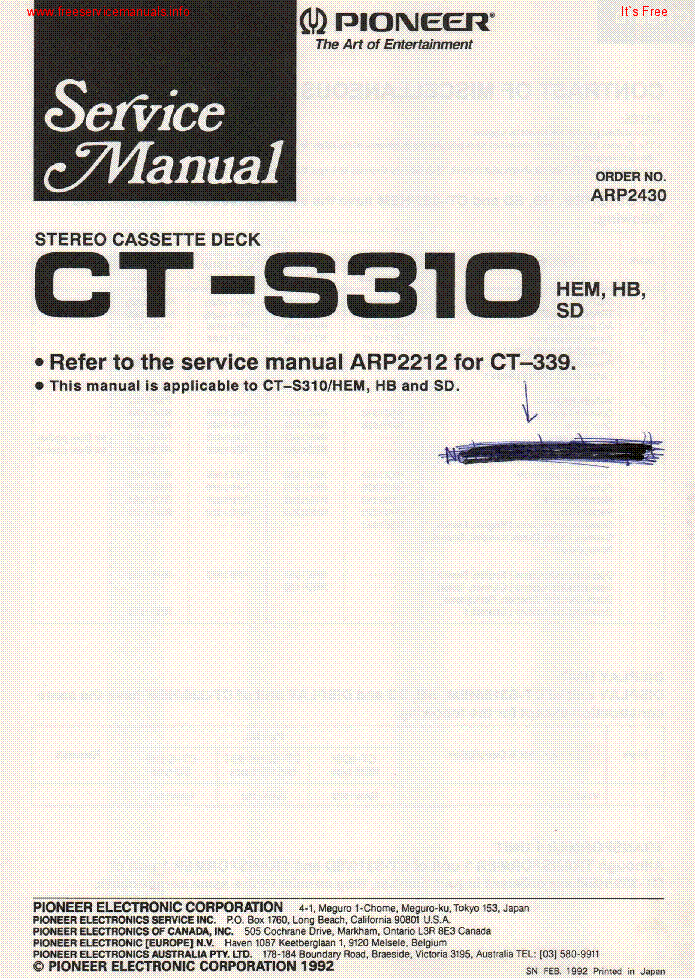 PIONEER CT-S310 ARP2430 SUPPLEMENT service manual (1st page)