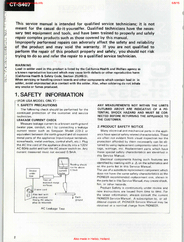 PIONEER CT-S407 CT-337-S ARP1980 service manual (2nd page)