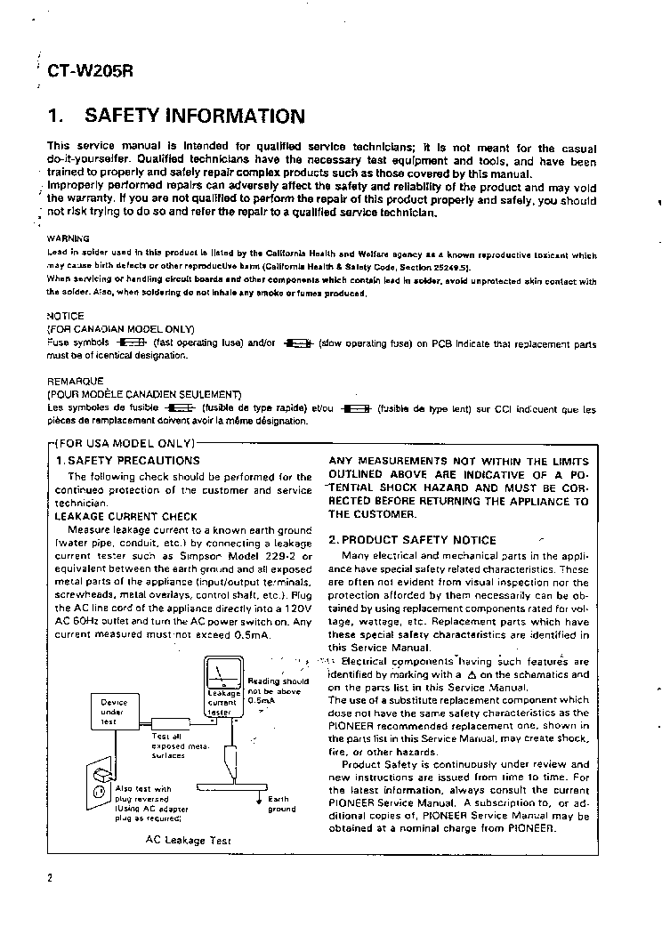 PIONEER CT-W205R SM service manual (2nd page)