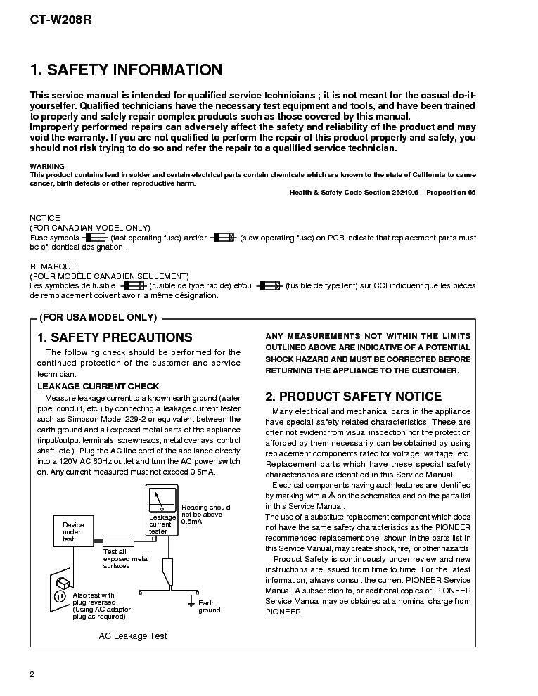 PIONEER CT-W208R service manual (2nd page)