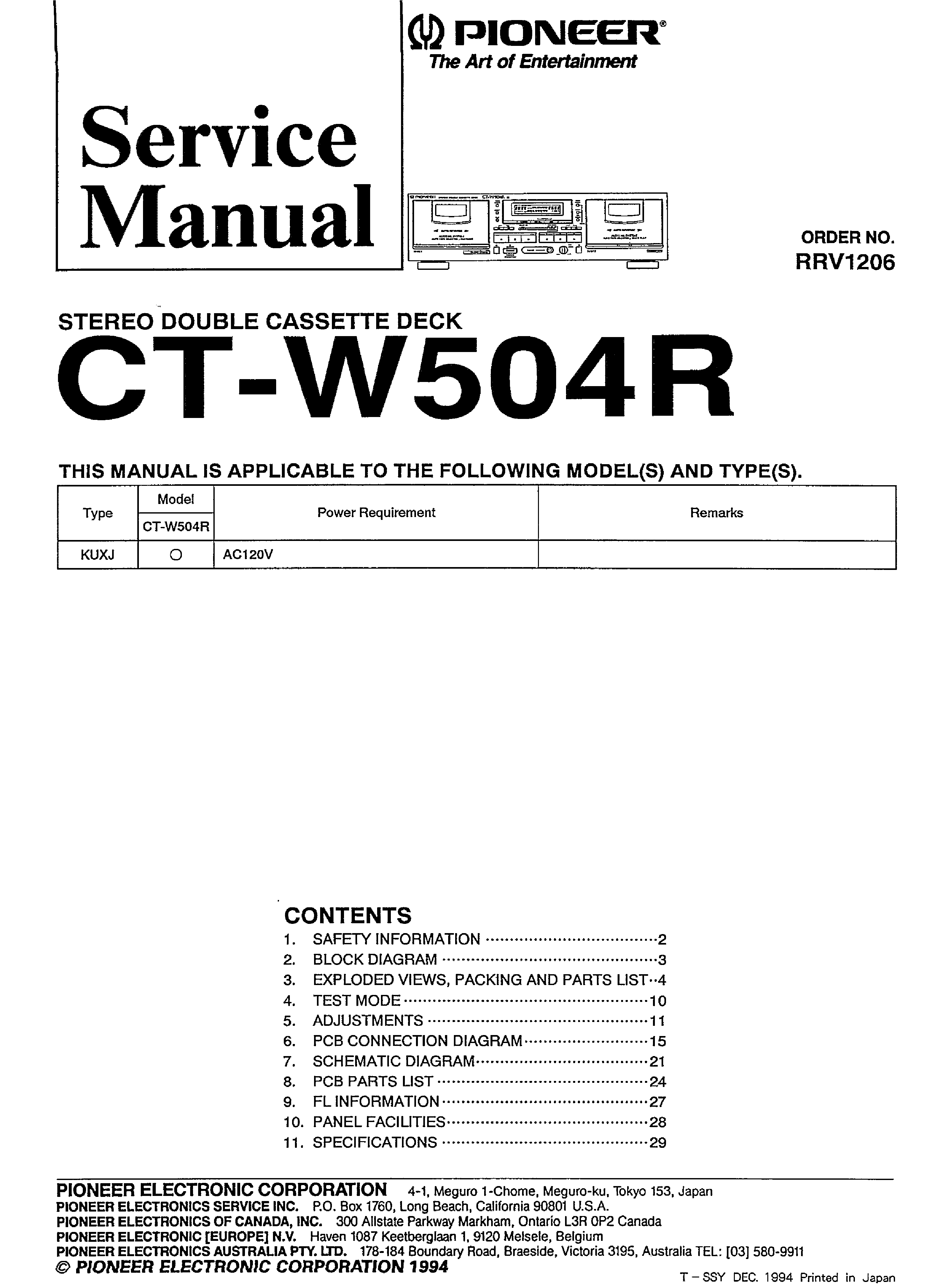 PIONEER CT-W504R service manual (1st page)