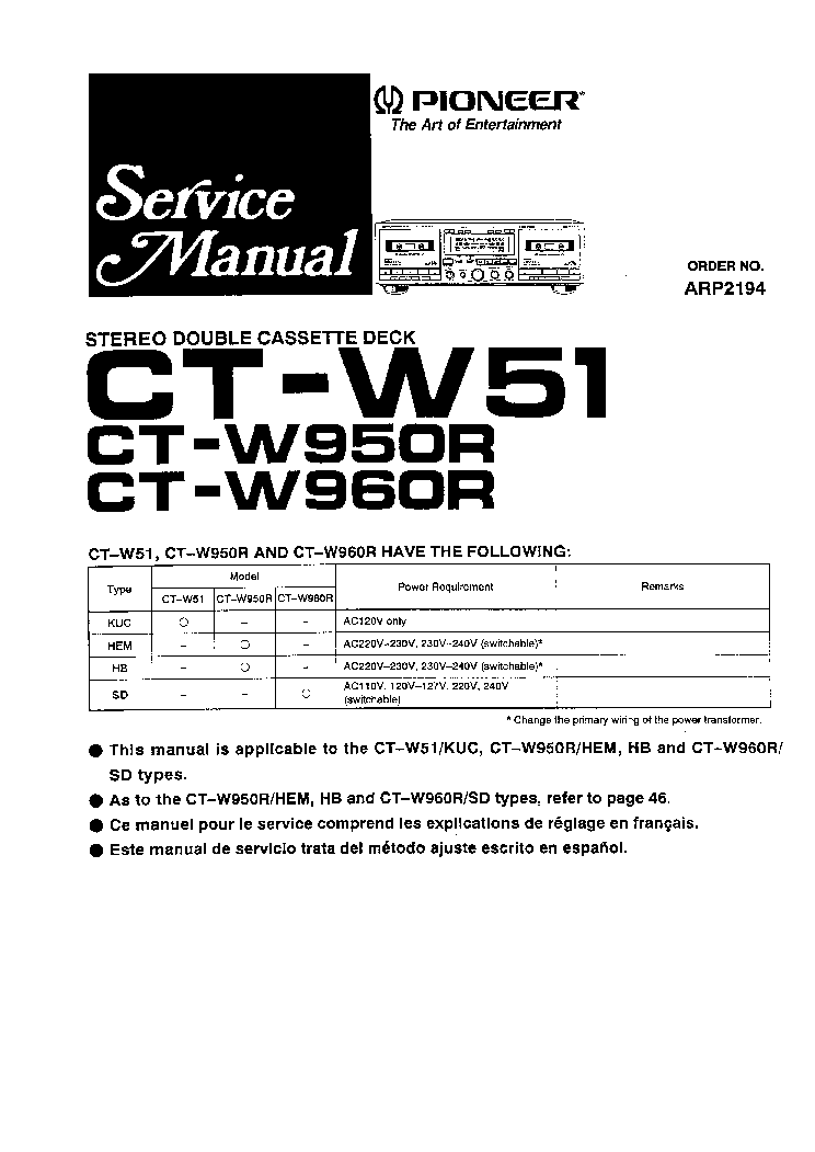 PIONEER CT-W51 CT-W950R CT-W960R ARP2194 service manual (1st page)