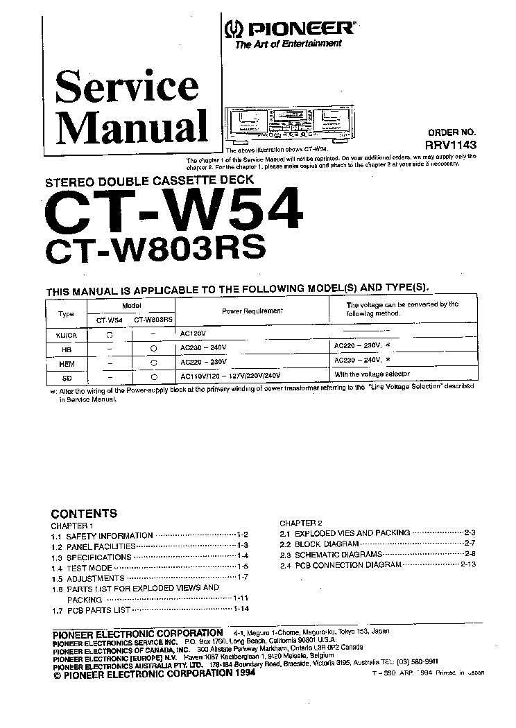 PIONEER CT-W54 CT-W803RS service manual (1st page)