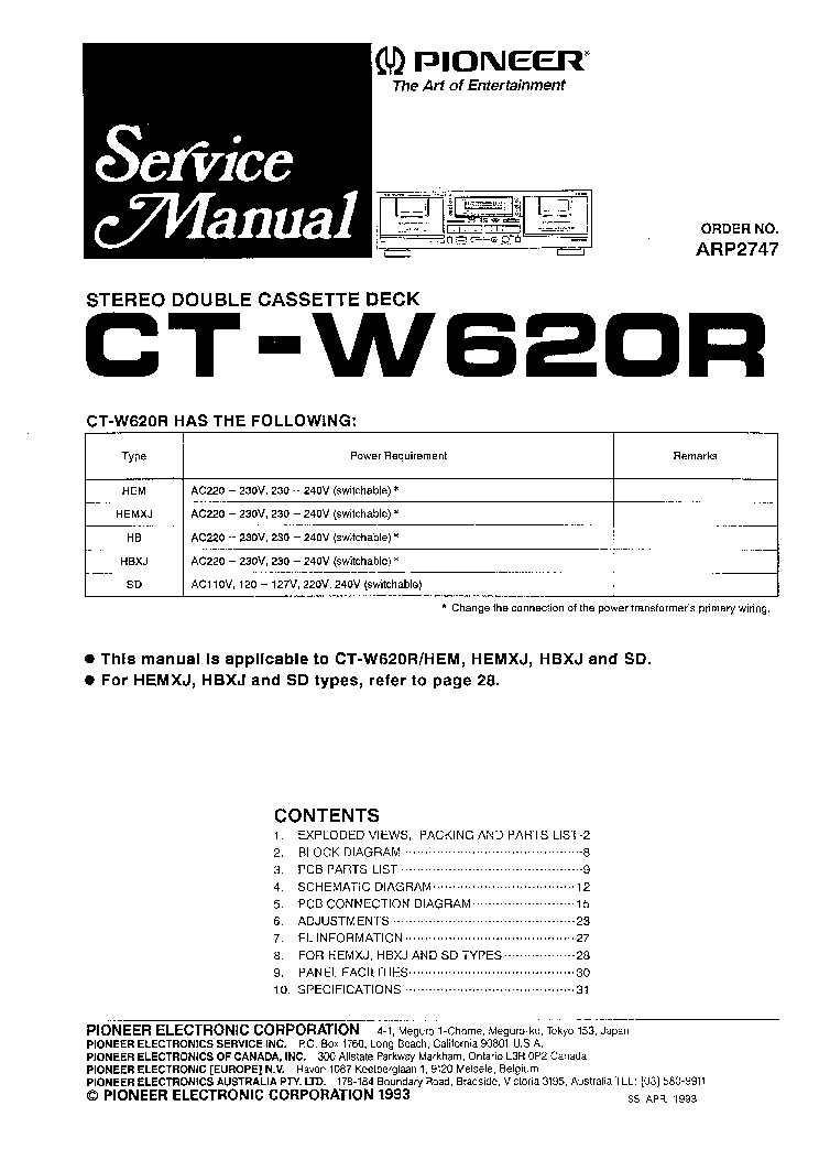 PIONEER CT-W620R ARP2747 SM service manual (1st page)