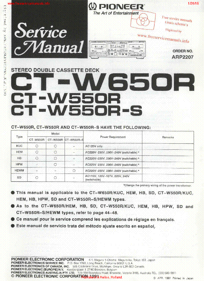 PIONEER CT-W650R CT-W550R-S ARP2207 service manual (1st page)