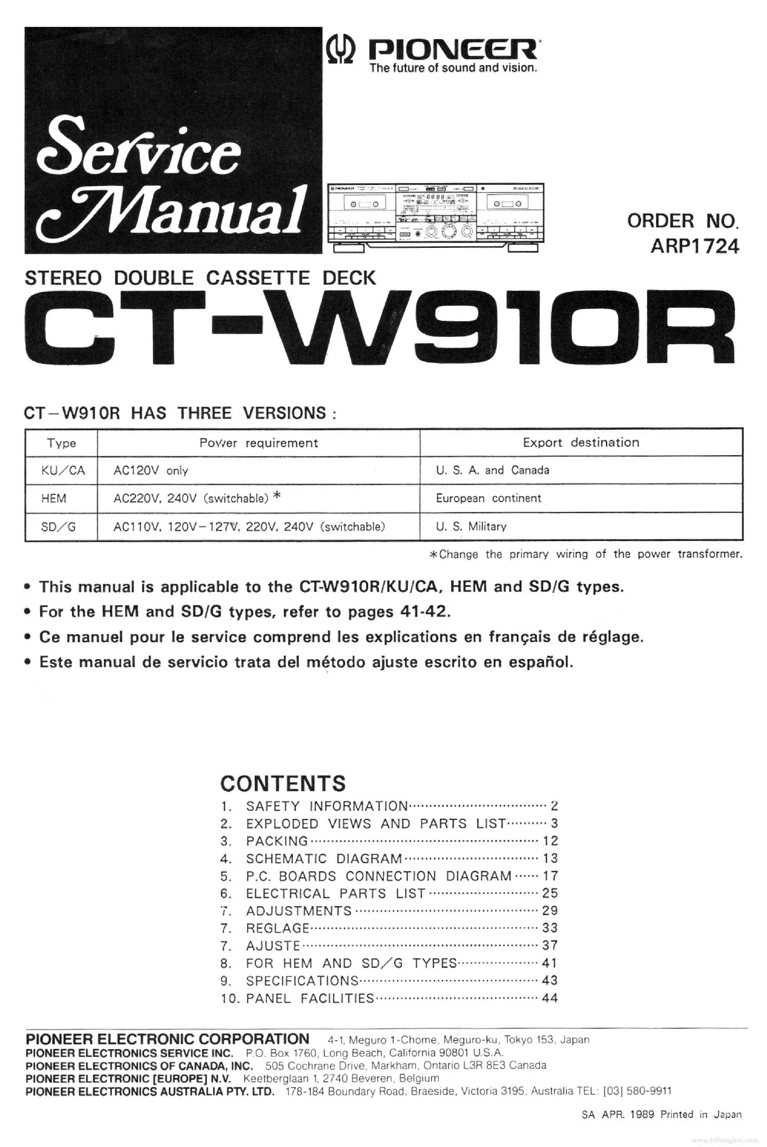 PIONEER CT-W910R STEREO DOUBLE CASSETTE DECK ARP1724 1989 SM service manual (1st page)
