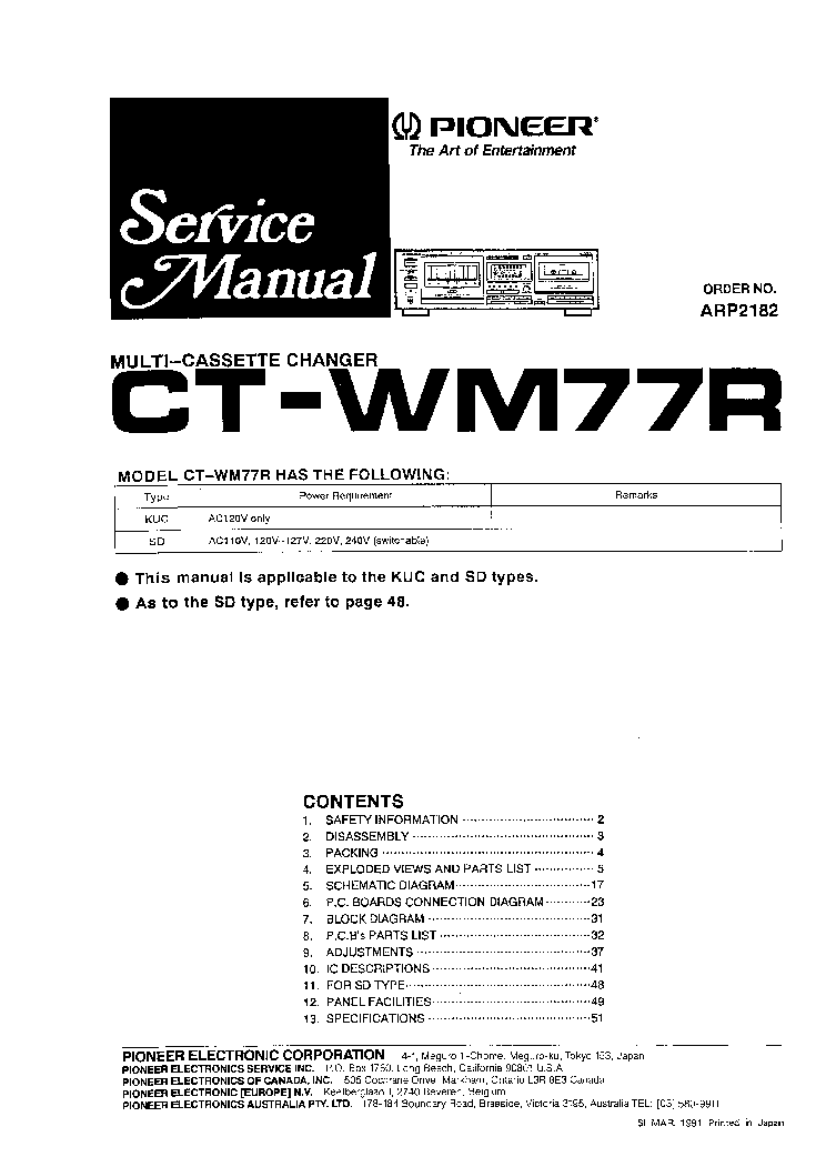 PIONEER CT-WM77R MULTI-CASSETTE CHANGER ARP2182 1991 SM service manual (1st page)