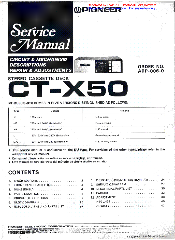 PIONEER CT-X50 SCH service manual (1st page)