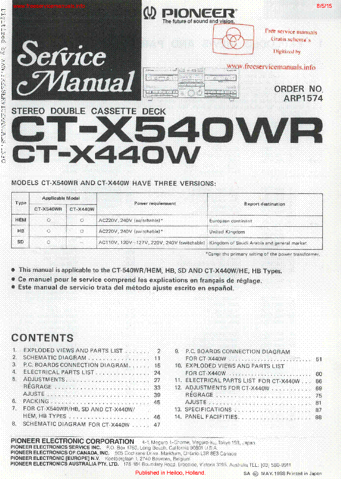 PIONEER CT-X540WR CT-X440W ARP1574 service manual (1st page)