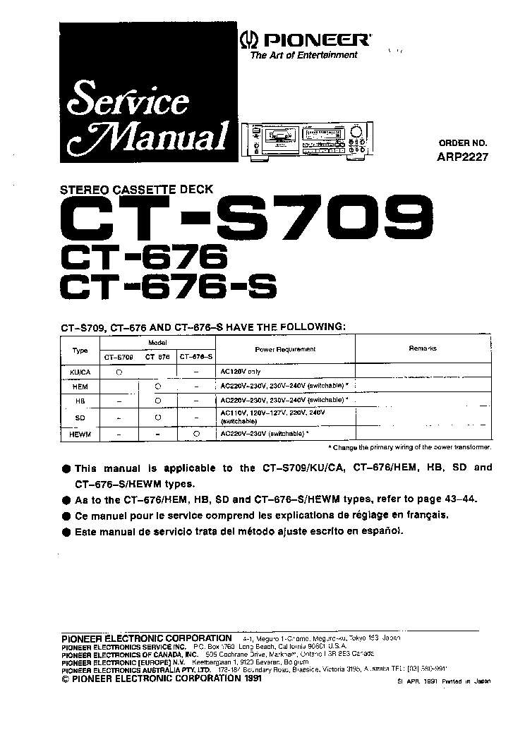 PIONEER CT676 CT676S CTS709 SM service manual (1st page)