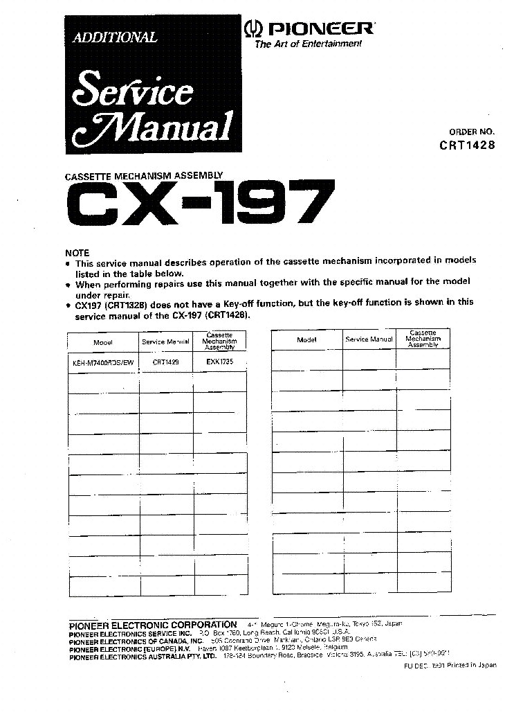 PIONEER CX-197 MECHANISM ADDITIONAL CRT1428 service manual (1st page)